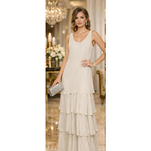 Elegant Tiered Chiffon Gown Off White sz 6 Mon Cheri Bridesmaid Gala Cocktail